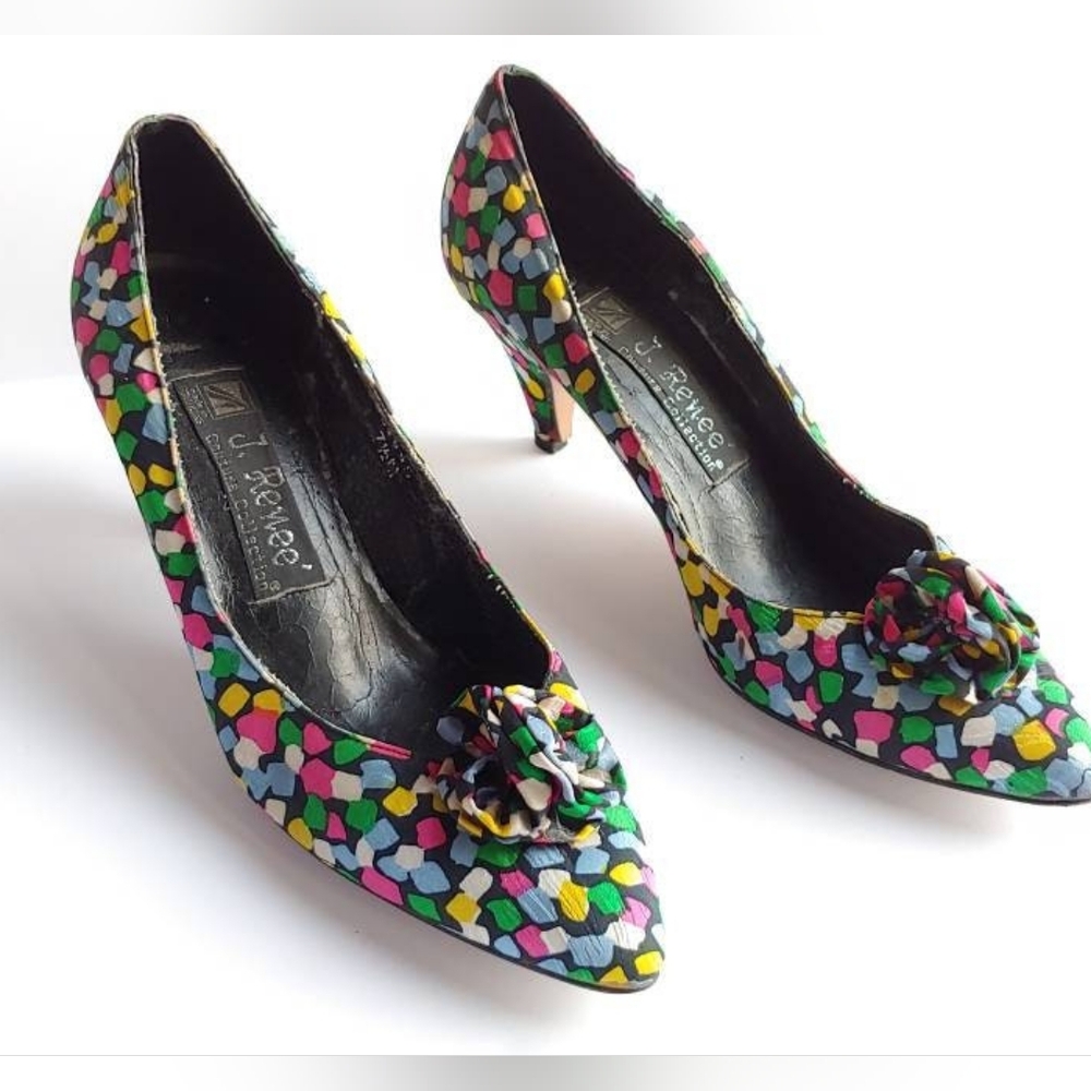 Vintage 80s AS IS J Renee Couture Colorful Abstract Silk Flower Party High Heels